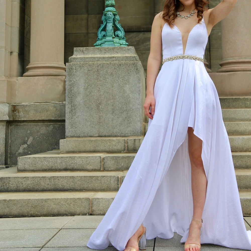 White High/Low prom dress deep v-neck, crystal trim, lace up back w/train (XS)